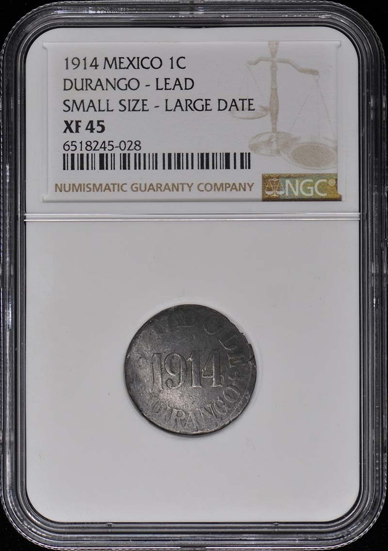 NGC XF45 graded 1914 Durango Mexico 1 Centavo coin: NGC XF45 graded 1914 Durango Mexico 1 Centavo coin This is a 1914 Mexico Durango 1 centavo coin, graded XF45 by NGC. The coin is circulated and pre-owned, offering a collectible piece from early 20th-