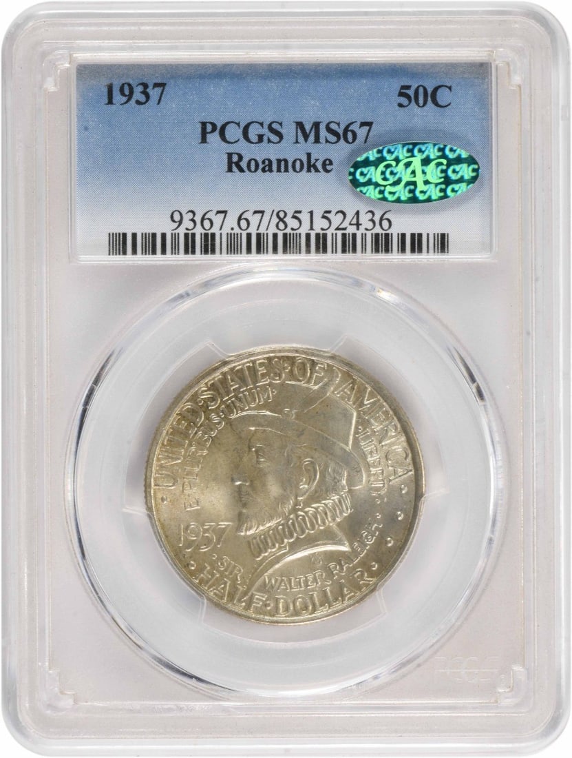1937 Roanoke Commemorative Silver Half Dollar MS67 PCGS CAC: 1937 Roanoke Commemorative Silver Half Dollar MS67 PCGS CAC This Roanoke Commemorative Silver Half Dollar from 1937 showcases exceptional quality, graded MS67 by PCGS with CAC certification. Minted in