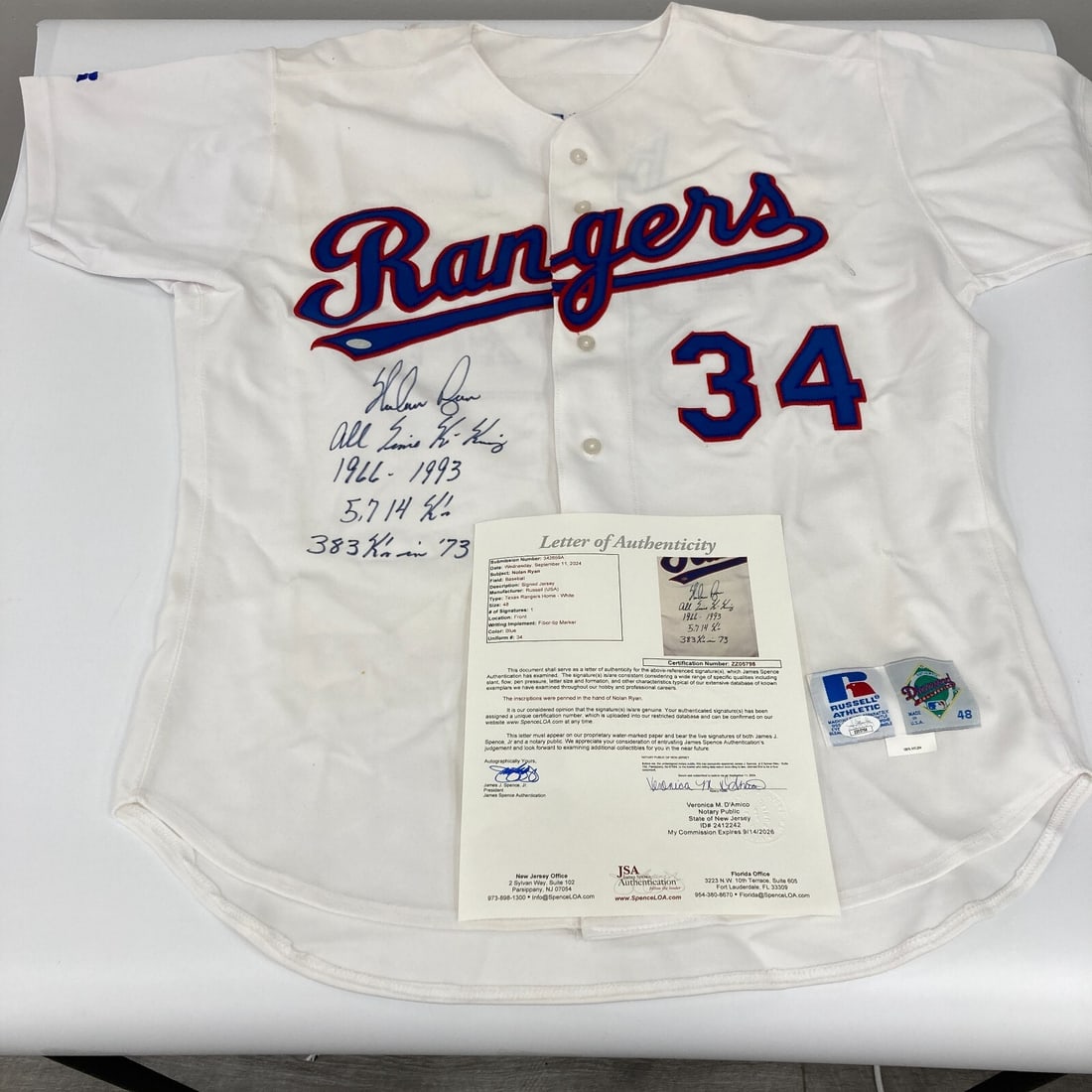 Nolan Ryan Signed Texas Rangers Game Jersey with Inscriptions JSA COA: Nolan Ryan Signed Texas Rangers Game Jersey with Inscriptions JSA COA Celebrate the legacy of baseball legend Nolan Ryan with this authentic Texas Rangers game model jersey. This Russell Athletic size