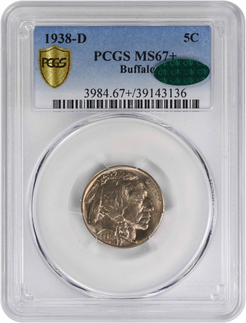 1938 Denver Mint Buffalo Nickel MS67 Plus Certified by PCGS and CAC: 1938 Denver Mint Buffalo Nickel MS67 Plus Certified by PCGS and CAC This 1938-D Buffalo Nickel is graded MS67+ by PCGS and features a CAC certification. The coin is uncirculated and was minted in Denv
