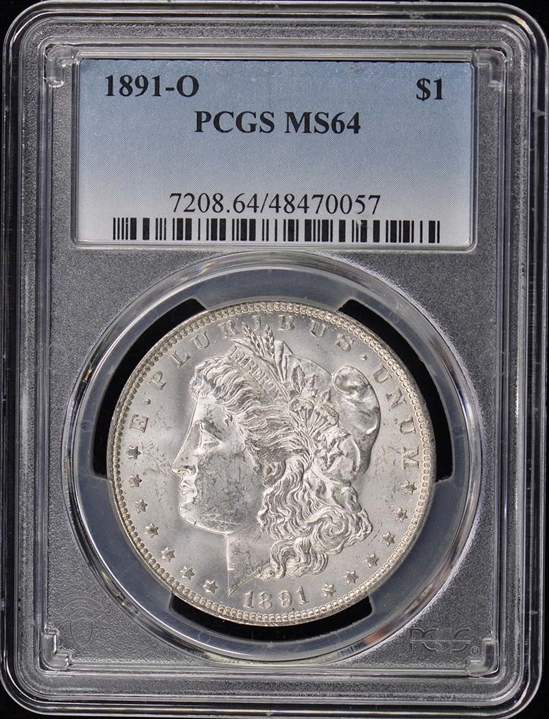 1891-O Morgan Dollar PCGS MS64 Uncirculated New Orleans: 1891-O Morgan Dollar PCGS MS64 Uncirculated New Orleans This 1891-O Morgan Dollar is certified by PCGS with a grade of MS64, indicating it is in uncirculated condition. Struck in New Orleans, this coi