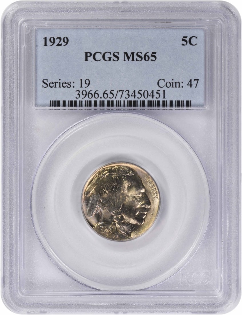 1929 Philadelphia Buffalo Nickel PCGS MS65 Certified Uncirculated Coin: 1929 Philadelphia Buffalo Nickel PCGS MS65 Certified Uncirculated Coin This 1929 Buffalo Nickel, graded MS65 by PCGS, originates from the Philadelphia Mint. Designed by James Earle Fraser, this classi