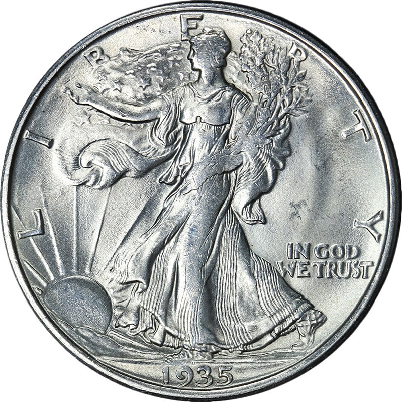 1935-D Silver Walking Liberty Half Dollar Brilliant Uncirculated: 1935-D Silver Walking Liberty Half Dollar Brilliant Uncirculated This 1935-D Walking Liberty Half Dollar is an uncirculated coin with choice brilliant uncirculated (BU) grade. It features great eye ap