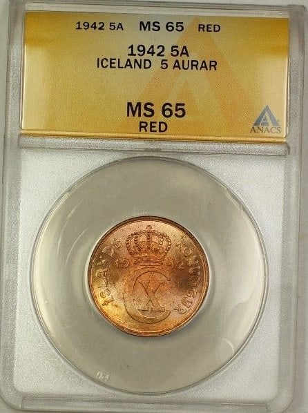Iceland 1942 Copper 5 Aurar Coin ANACS MS 65 Red Uncirculated: Iceland 1942 Copper 5 Aurar Coin ANACS MS 65 Red Uncirculated This is a 1942 Iceland 5 Aurar coin made of copper, certified by ANACS with a grade of MS 65. The coin is uncirculated and features a red