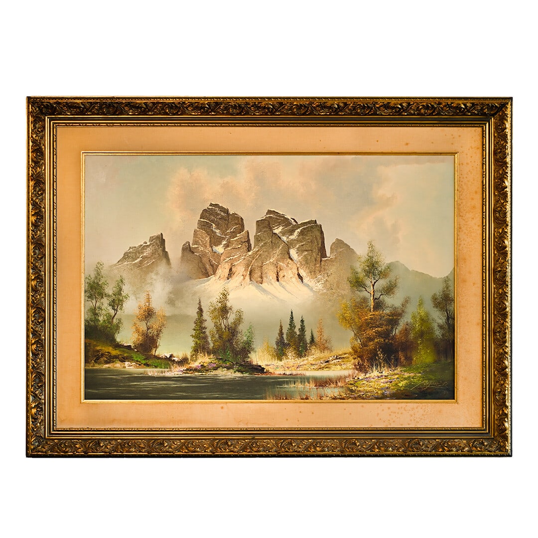 Martin Wijmer Landscape Misty Peaks Original Oil Painting 46 x 34: Martin Wijmer Landscape Misty Peaks Original Oil Painting 46 x 34 Experience the serene beauty of 'Misty Peaks', a captivating oil painting by the talented artist Martin Wijmer. This original artwork