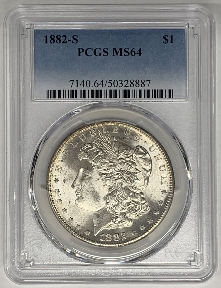 PCGS MS 64 1882-S Morgan Silver Dollar Coin $1 United States: PCGS MS 64 1882-S Morgan Silver Dollar Coin $1 United States This is an 1882-S Morgan Silver Dollar coin, certified by PCGS with a grade of MS 64. The coin is uncirculated and composed of silver, feat