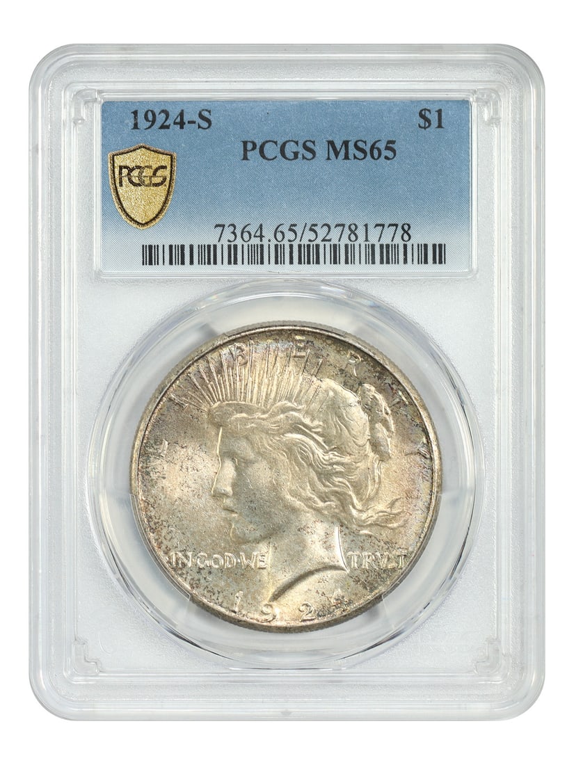 PCGS MS65 1924-S Peace Dollar San Francisco Mint $1 Coin: PCGS MS65 1924-S Peace Dollar San Francisco Mint $1 Coin This 1924-S Peace Dollar is a highly sought-after collectible, certified MS65 by PCGS. Minted in San Francisco, it is recognized as a better da