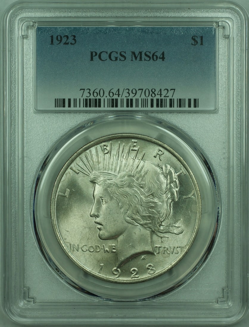 1923 Peace Dollar Silver Coin PCGS MS64 Certified Uncirculated: 1923 Peace Dollar Silver Coin PCGS MS64 Certified Uncirculated This is a 1923 Peace Silver Dollar $1 coin certified by PCGS with a grade of MS-64. The coin is composed of silver with a fineness of 0.9