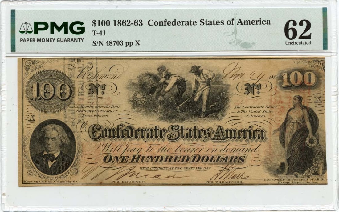 PMG Certified Uncirculated 1862 $100 Confederate T-41 Currency Note: PMG Certified Uncirculated 1862 $100 Confederate T-41 Currency Note This is an 1862 $100 Confederate States of America T-41 note, certified by PMG with a grade of CU62. The note is uncirculated and ha