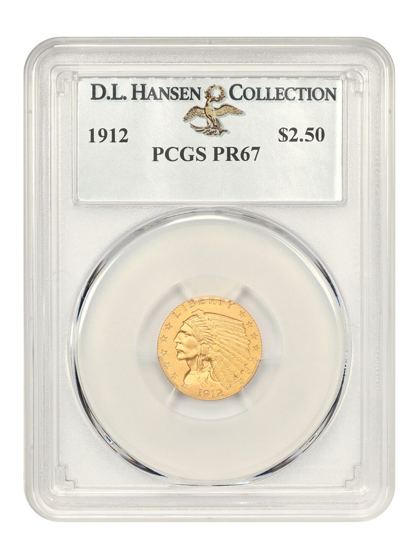 1912 $2.50 Indian Gold Coin PCGS PR 67 D.L. Hansen: 1912 $2.50 Indian Gold Coin PCGS PR 67 D.L. Hansen This 1912 $2.50 Indian gold coin is graded PCGS Proof 67, showcasing exceptional quality and beauty. The surfaces exhibit a matte luster and sandblas