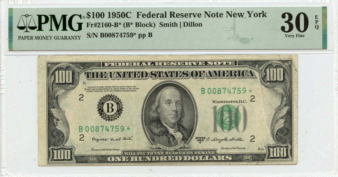 1950 $100 Federal Reserve Note Fr# 2160-B* PMG VF30 EPQ: 1950 $100 Federal Reserve Note Fr# 2160-B* PMG VF30 EPQ This 1950 $100 Federal Reserve Note from New York, catalog number Fr# 2160-B*, is graded by PMG as VF30, indicating very fine condition. The not
