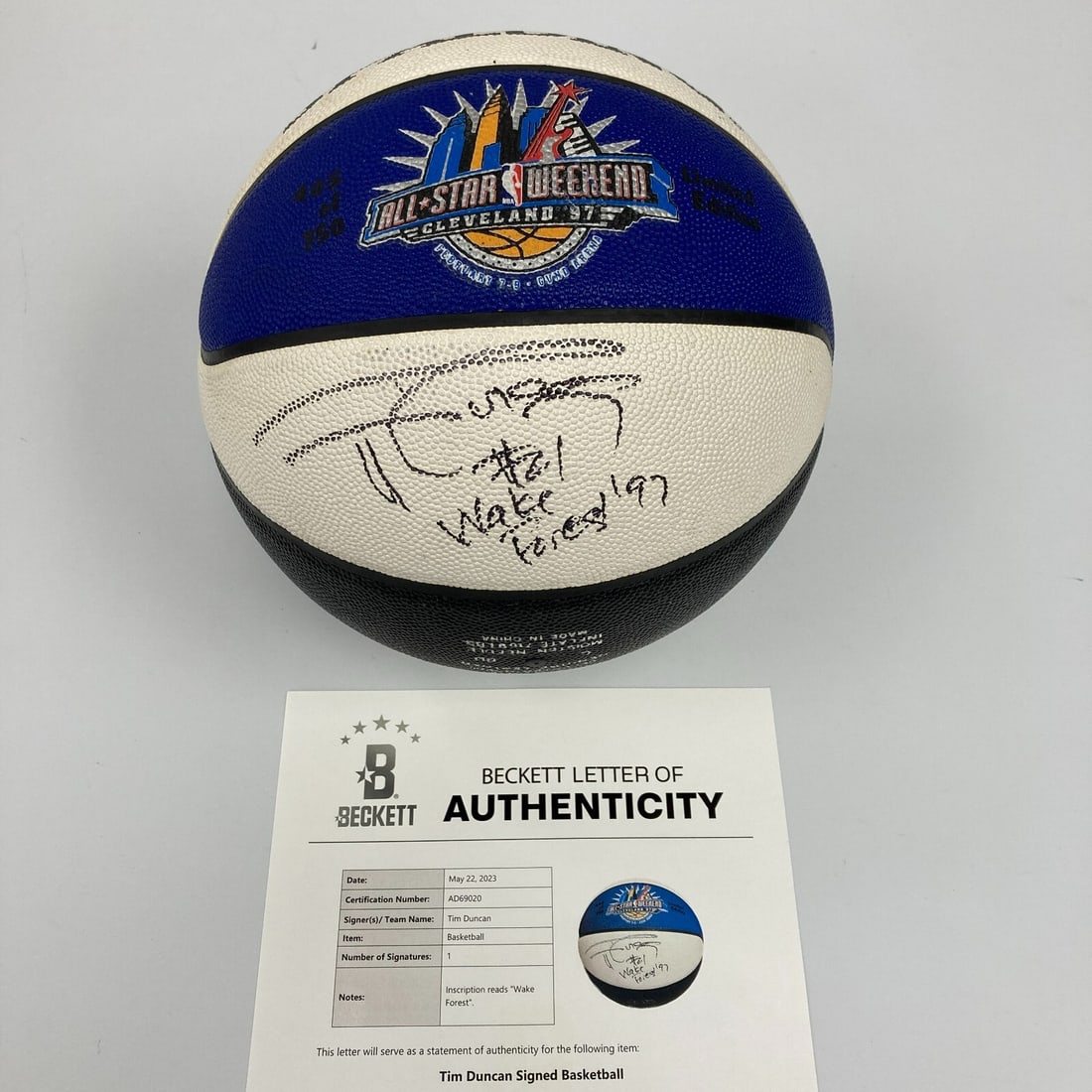 Tim Duncan Signed 1997 All Star Game Basketball with Beckett COA: Tim Duncan Signed 1997 All Star Game Basketball with Beckett COA Celebrate the legacy of Tim Duncan with this rare signed basketball, featuring his '#21 Wake Forest' rookie inscription. This official