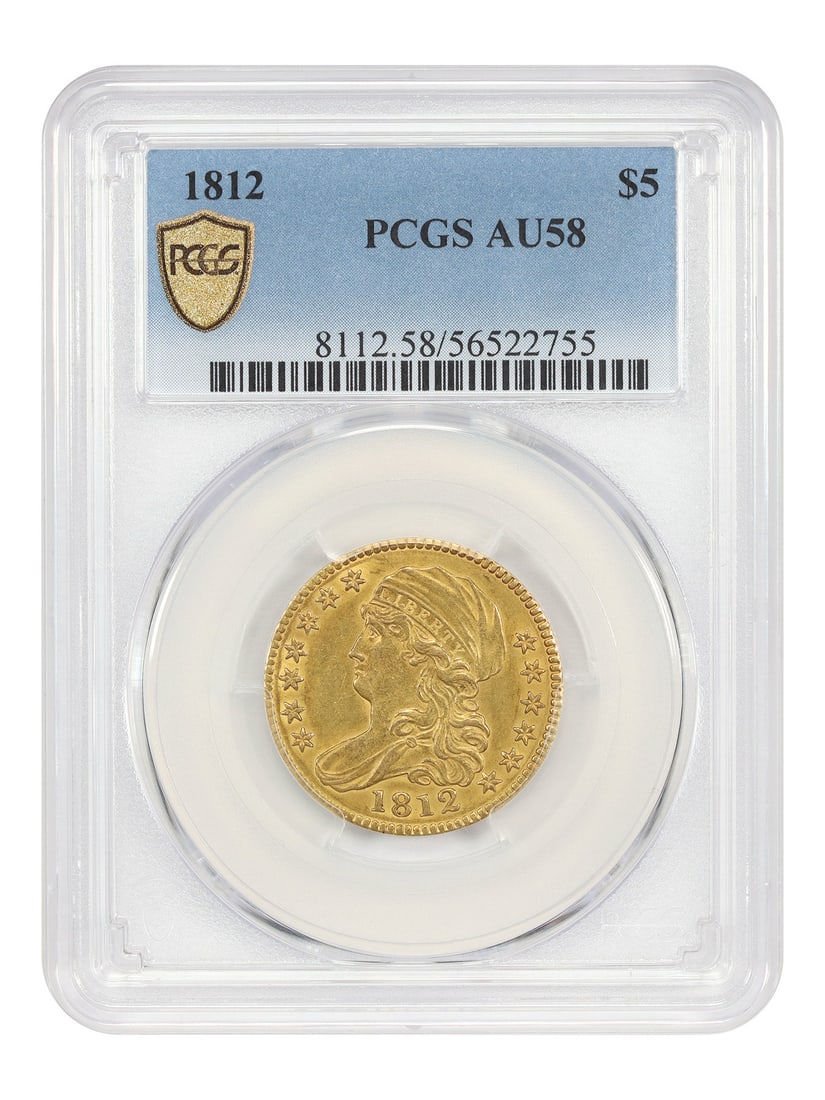 Capped Bust Half Eagle 1812 Gold $5 Coin PCGS AU58: Capped Bust Half Eagle 1812 Gold $5 Coin PCGS AU58 This 1812 Capped Bust Half Eagle $5 gold coin is graded AU58 by PCGS and was minted in Philadelphia. The coin features notable olive-gold and honey-g