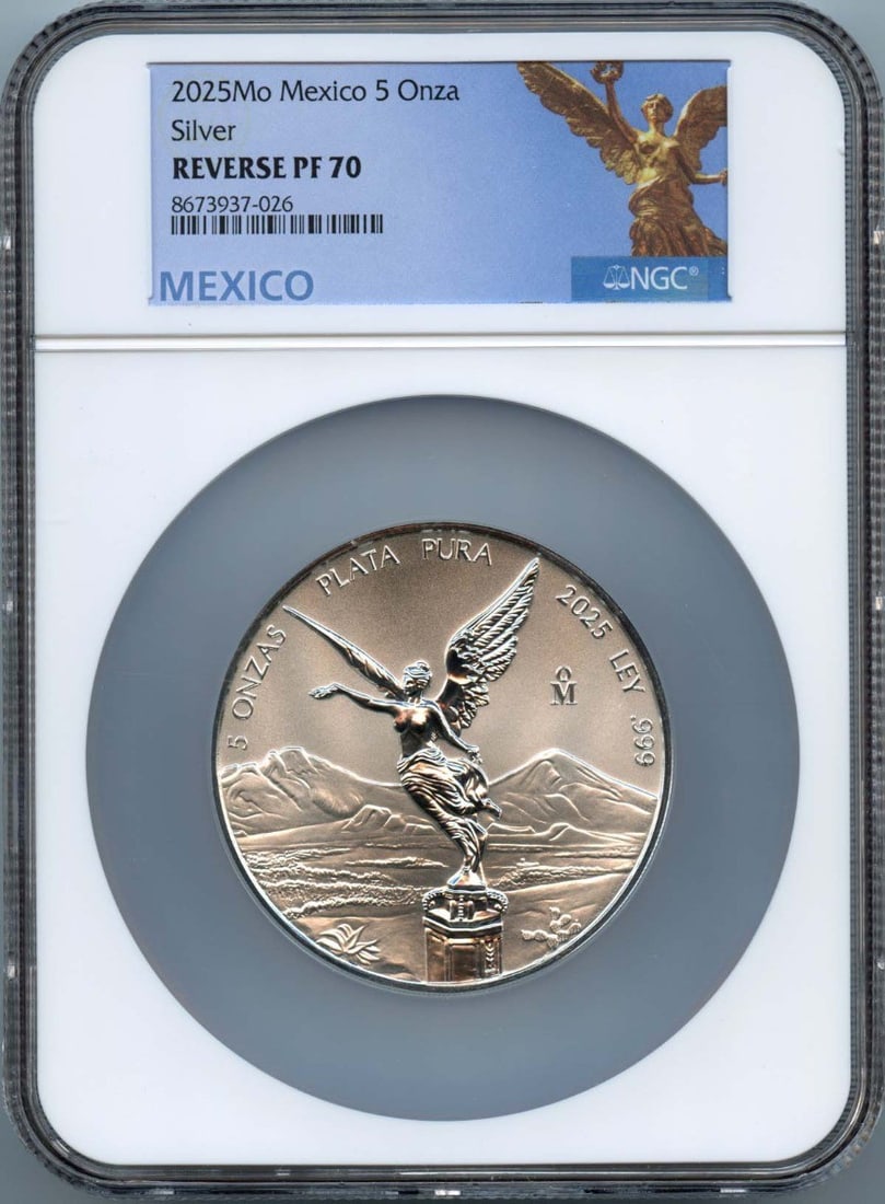 2025 Mexico 5 Onza Silver Libertad NGC PF70 Reverse Proof Rare 600 Minted: 2025 Mexico 5 Onza Silver Libertad NGC PF70 Reverse Proof Rare 600 Minted This is a 2025 Mo Mexico 5 Onza Libertad silver coin, certified by NGC with a grade of PF70 Reverse Proof. The coin has a low