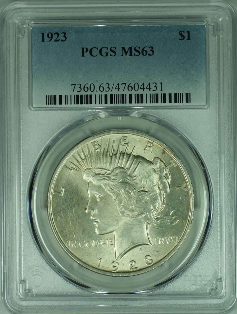 PCGS MS 63 Peace Silver Dollar 1923 Uncirculated $1 Coin: PCGS MS 63 Peace Silver Dollar 1923 Uncirculated $1 Coin This 1923 Peace Silver Dollar is a $1 coin from the United States, certified by PCGS with a grade of MS 63. The coin is composed of silver and