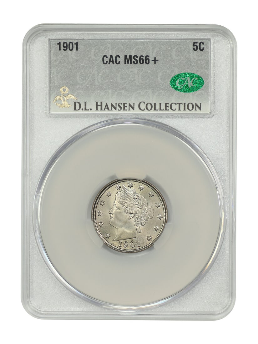1901 Liberty Nickel CACG MS66+ D.L. Hansen Collection 5C: 1901 Liberty Nickel CACG MS66+ D.L. Hansen Collection 5C This 1901 Liberty Nickel is certified by CACG with a grade of MS66+. With a denomination of 5C, this uncirculated piece showcases a remarkable