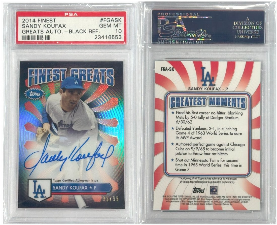Sandy Koufax 2014 Topps Finest Greats Auto Black Refractor 93/99 PSA 10: Sandy Koufax 2014 Topps Finest Greats Auto Black Refractor 93/99 PSA 10 This is a 2014 Topps Finest Greats Sandy Koufax Auto Black Refractor card, serial numbered 93/99. It features the legendary pitc