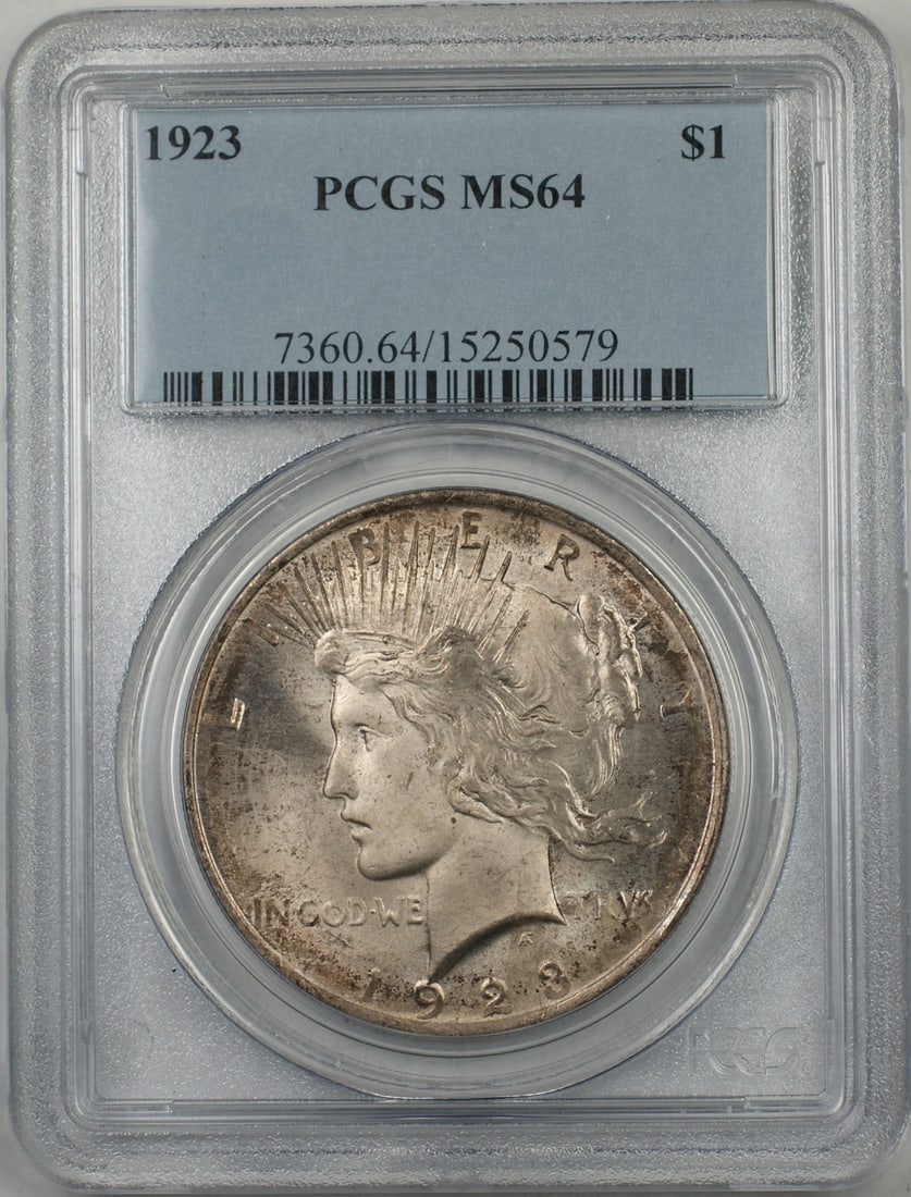 PCGS MS-64 1923 Peace Dollar Silver $1 Coin Toned: PCGS MS-64 1923 Peace Dollar Silver $1 Coin Toned This 1923 Silver Peace Dollar is a $1 coin from the United States, graded MS-64 by PCGS. The coin is uncirculated and features natural toning. It was