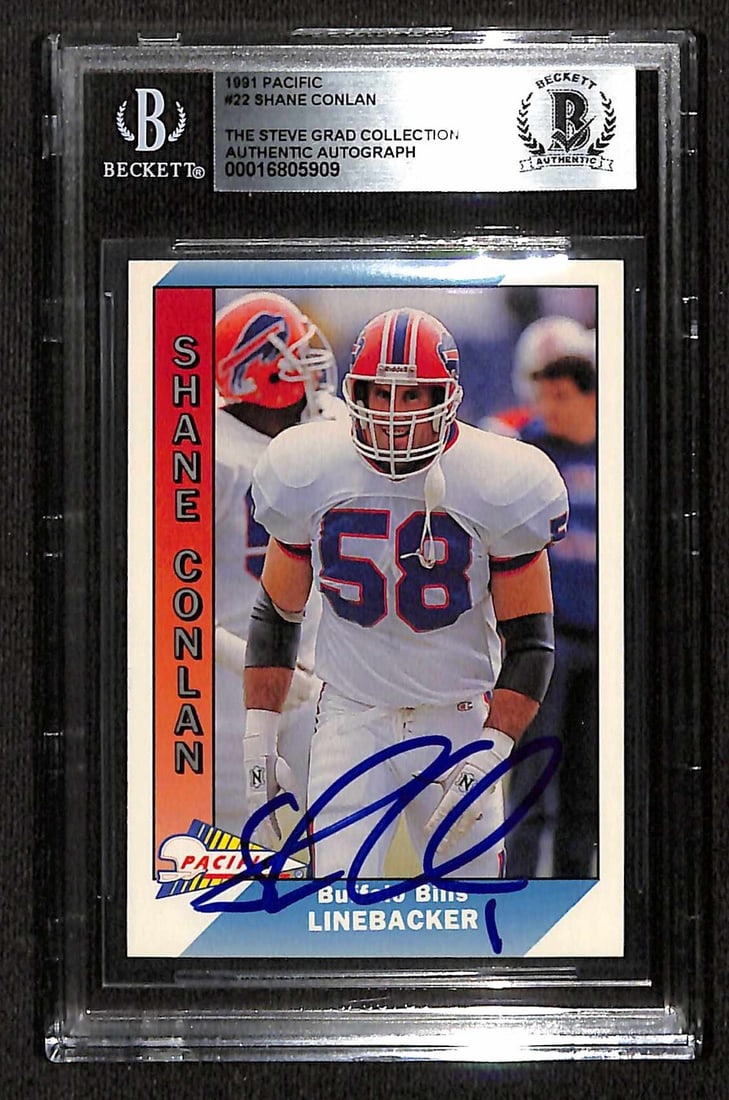 Shane Conlan Buffalo Bills 1991 Pacific Signed Card Beckett Authenticated: Shane Conlan Buffalo Bills 1991 Pacific Signed Card Beckett Authenticated This is a pre-owned autographed 1991 Pacific #22 sports trading card featuring Shane Conlan, a linebacker for the Buffalo Bill