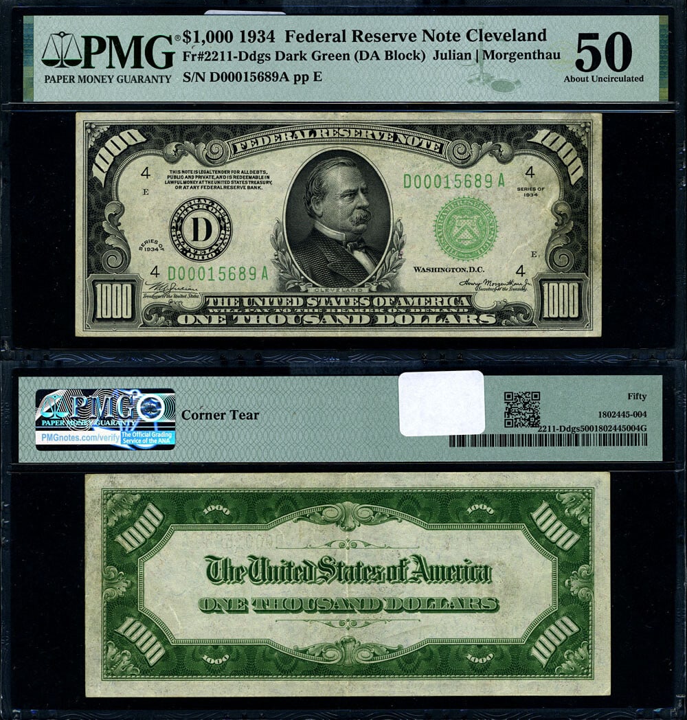 1934 $1000 Federal Reserve Note Cleveland D-A Block PMG AU50: 1934 $1000 Federal Reserve Note Cleveland D-A Block PMG AU50 This 1934 Federal Reserve Note, denomination $1000, features the Cleveland D-A Block and is certified by PMG with a grade of AU50. The note