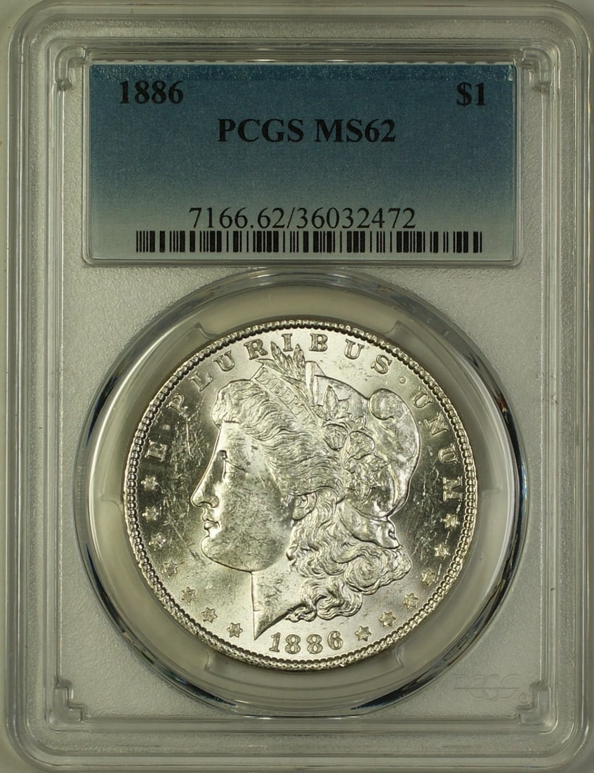 PCGS MS-62 Certified 1886 Morgan Dollar Uncirculated Silver Coin: PCGS MS-62 Certified 1886 Morgan Dollar Uncirculated Silver Coin This 1886 Morgan Silver Dollar is a $1 coin from the United States, minted in Philadelphia. It is composed of silver and has been certi