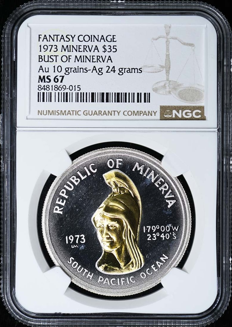 NGC MS67 1973 Minerva Fantasy Coinage 10 Grains Au 24g Ag Certified: NGC MS67 1973 Minerva Fantasy Coinage 10 Grains Au 24g Ag Certified This 1973 fantasy coinage features a bust of Minerva and is composed of 10 grains of gold and 24 grams of silver. Certified by NGC w