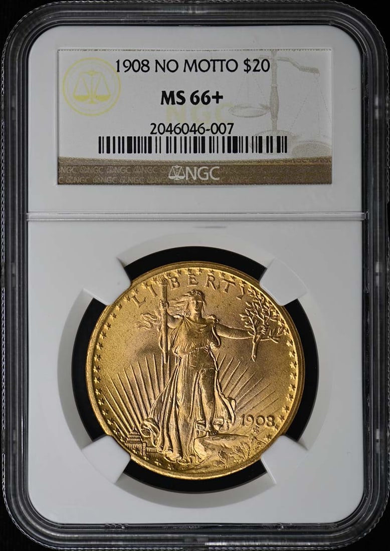 NGC MS66 Plus 1908 Saint-Gaudens $20 Gold Coin No Motto: NGC MS66 Plus 1908 Saint-Gaudens $20 Gold Coin No Motto This 1908 NO MOTTO Saint-Gaudens $20 gold coin is graded MS66+ by NGC and originates from the Philadelphia Mint. It is an uncirculated, pre-owne