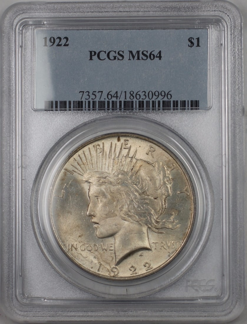 PCGS MS-64 1922 Peace Dollar Silver $1 Coin Light Toning: PCGS MS-64 1922 Peace Dollar Silver $1 Coin Light Toning This 1922 Silver Peace Dollar is a $1 coin graded MS-64 by PCGS. It is lightly toned and composed of 90% silver. The coin was minted in Philade