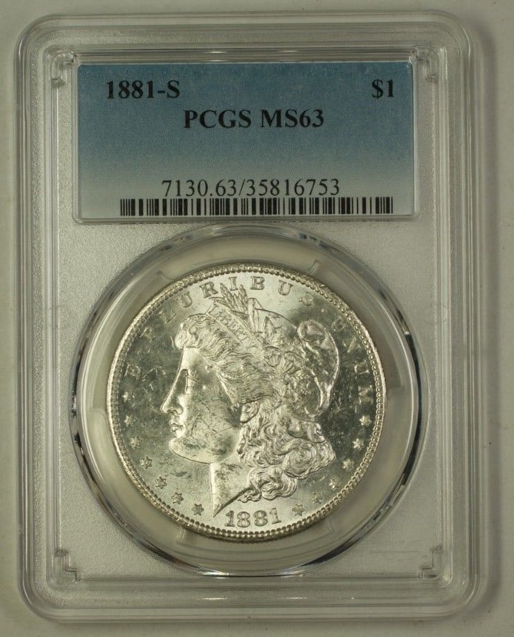 PCGS MS63 1881 San Francisco Morgan Silver Dollar Uncirculated $1 Coin: PCGS MS63 1881 San Francisco Morgan Silver Dollar Uncirculated $1 Coin This is an 1881-S Morgan Silver Dollar from the United States, minted in San Francisco. The coin is composed of silver and has a