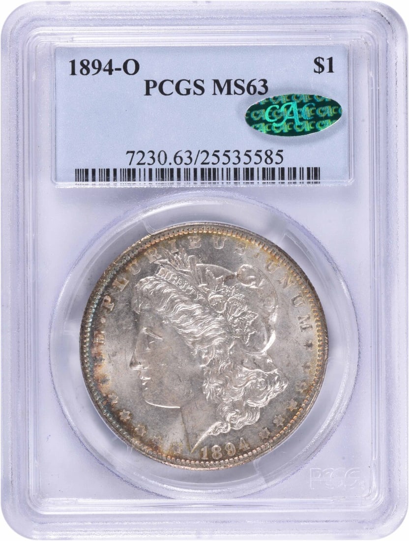 1894-O Morgan Silver Dollar MS63 PCGS CAC Uncirculated Coin: 1894-O Morgan Silver Dollar MS63 PCGS CAC Uncirculated Coin This stunning 1894-O Morgan Silver Dollar is graded MS63 by PCGS, indicating its uncirculated condition. Struck in New Orleans, this coin fe