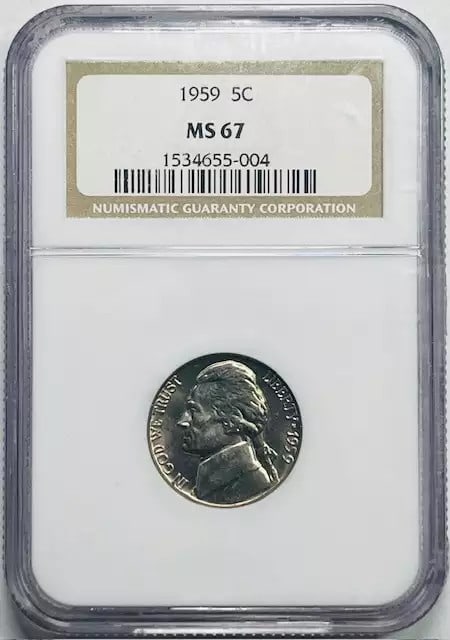 1959 Jefferson Nickel NGC MS 67 Uncirculated Coin: 1959 Jefferson Nickel NGC MS 67 Uncirculated Coin This 1959 Nickel Jefferson is a remarkable piece, certified by NGC with a grade of MS 67, indicating its uncirculated condition. Made from nickel, thi