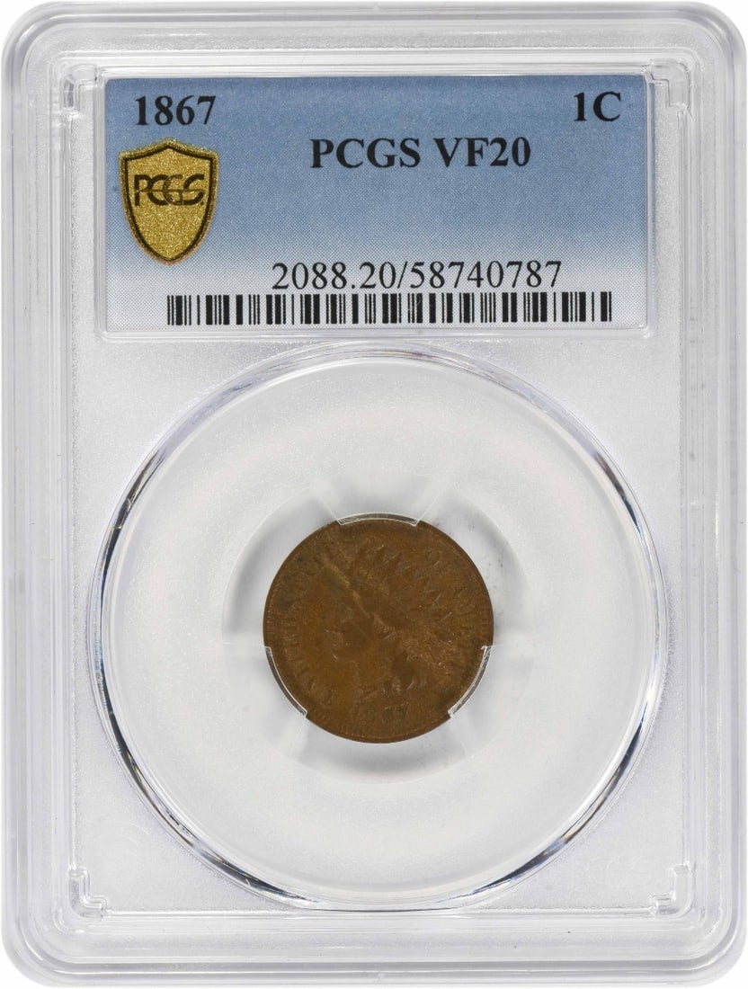 1867 Indian Head Cent 95 Percent Copper Certified by PCGS VF20: 1867 Indian Head Cent 95 Percent Copper Certified by PCGS VF20 This 1867 Indian Head Cent has been certified by PCGS with a grade of VF20. Struck in Philadelphia, it is composed of 95% copper and 5% t
