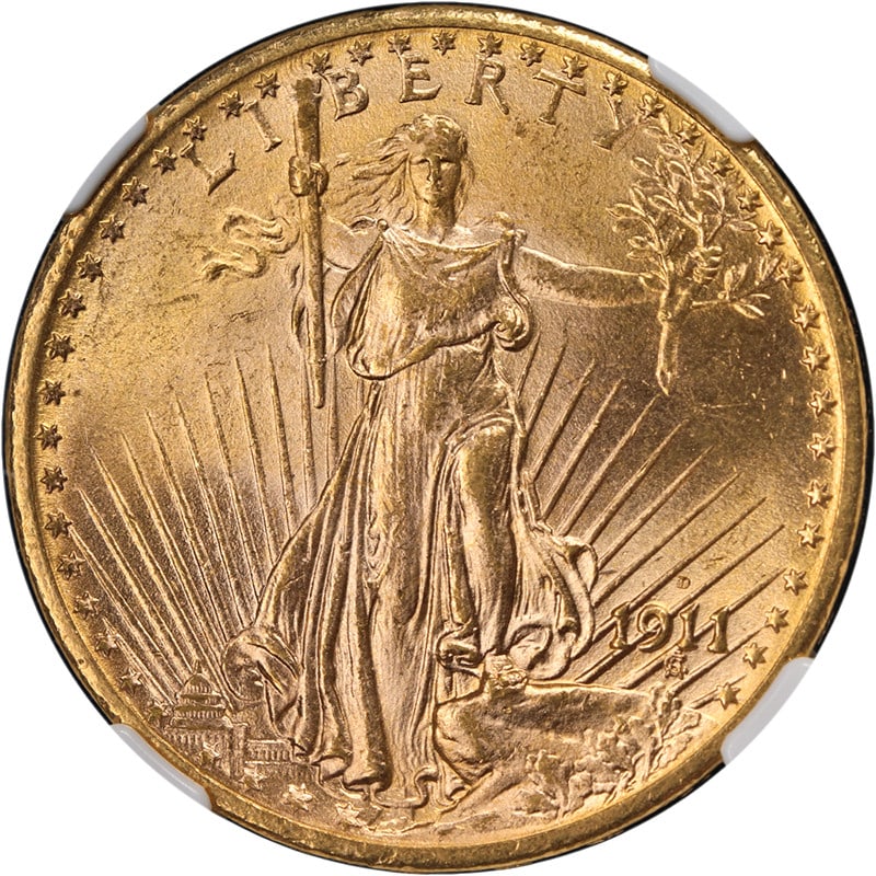 NGC MS64 1911-D Saint-Gaudens Double Eagle Gold Coin Strong Luster: NGC MS64 1911-D Saint-Gaudens Double Eagle Gold Coin Strong Luster This original 1911-D Saint-Gaudens Gold $20 coin is graded NGC MS64, indicating it is uncirculated with superb eye appeal, fantastic
