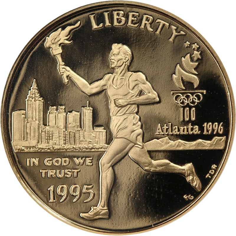 NGC PF70 1995-W Olympic Torch Runner Gold Five Dollar Commemorative Coin: NGC PF70 1995-W Olympic Torch Runner Gold Five Dollar Commemorative Coin This is a 1995-W Atlanta Olympic Torch Runner Commemorative Gold $5 coin, certified by NGC as PF70 Ultra Cameo. The coin is unc