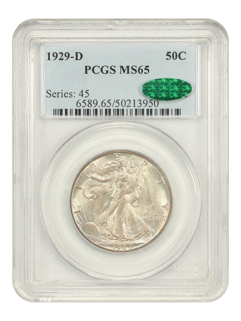 PCGS CAC MS65 1929-D Walking Liberty Half Dollar Gem Uncirculated: PCGS CAC MS65 1929-D Walking Liberty Half Dollar Gem Uncirculated This 1929-D Walking Liberty Half Dollar is a scarce early issue graded MS65 by PCGS and endorsed by CAC. The coin features strong lust