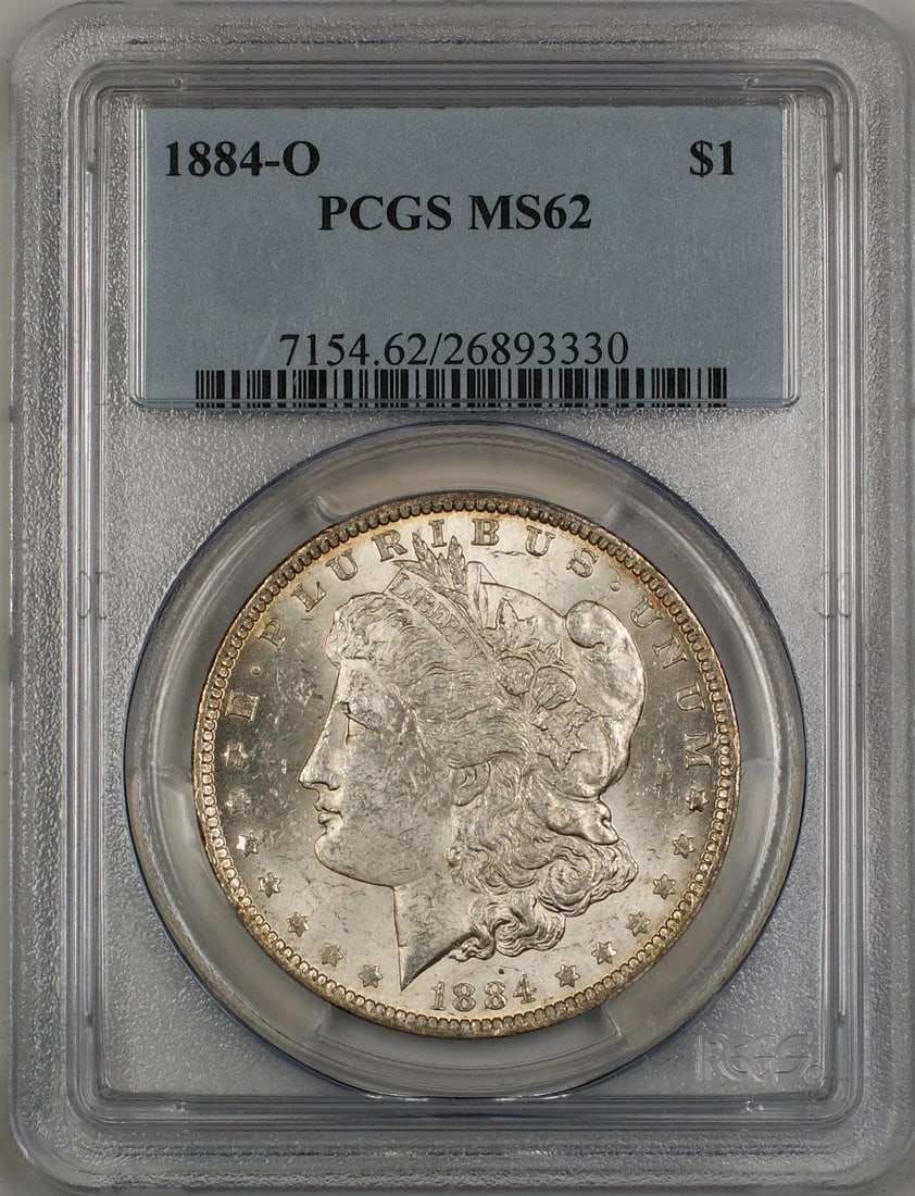 PCGS MS62 1884-O Silver Morgan Dollar Uncirculated New Orleans Mint: PCGS MS62 1884-O Silver Morgan Dollar Uncirculated New Orleans Mint This 1884-O Morgan Silver Dollar is a $1 coin minted in New Orleans and graded MS 62 by PCGS. Composed of silver, the coin remains u
