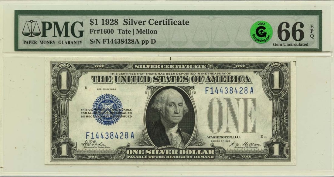 PMG Graded GEM 66 EPQ 1928 $1 Silver Certificate FR1600: PMG Graded GEM 66 EPQ 1928 $1 Silver Certificate FR1600 This is a 1928 $1 Silver Certificate, graded MS66 and certified by PMG. The note is uncirculated and features the GCC Green label. It originates