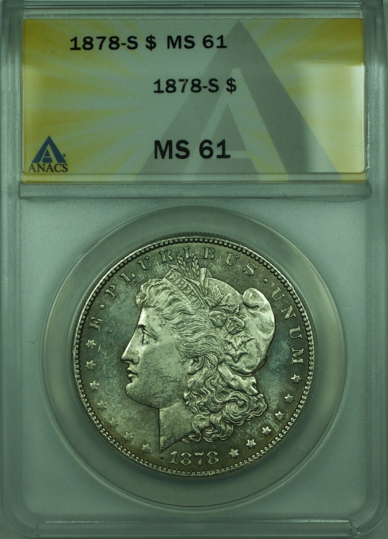ANACS MS-61 1878-S Morgan Dollar Silver Coin Light Toning: ANACS MS-61 1878-S Morgan Dollar Silver Coin Light Toning This is an 1878-S Morgan Silver Dollar $1 coin certified by ANACS with a grade of MS-61. The coin is composed of silver with a fineness of 0.9