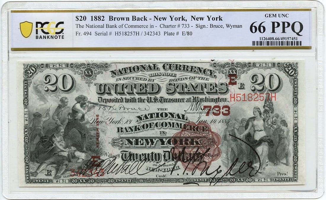 1882 $20 National Bank Note New York PCGS GEM 66 PPQ Certified: 1882 $20 National Bank Note New York PCGS GEM 66 PPQ Certified This is an 1882 $20 National Bank Note from the National Bank of Commerce, New York, NY, cataloged as FR#494 CH#733. It is graded MS66 by