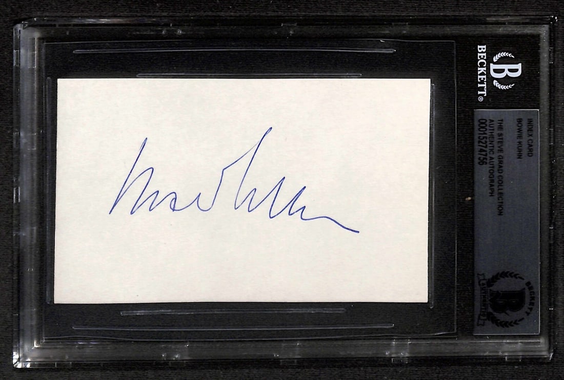 Bowie Kuhn Signed 3x5 Baseball Index Card Authenticated by Beckett: Bowie Kuhn Signed 3x5 Baseball Index Card Authenticated by Beckett This is an original 3x5 index card autographed by Bowie Kuhn, former MLB Commissioner and Baseball Hall of Fame member, signed in blu