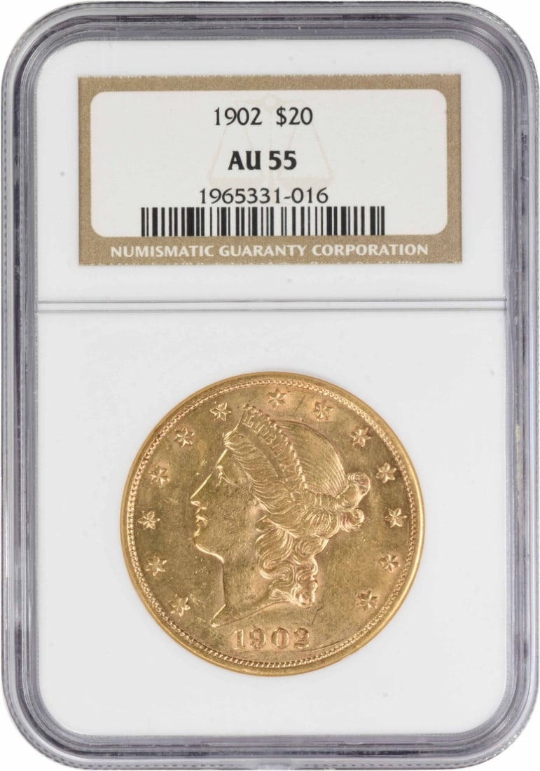 NGC AU55 1902 Liberty Head $20 Gold Coin Philadelphia Mint: NGC AU55 1902 Liberty Head $20 Gold Coin Philadelphia Mint This 1902 $20 Gold Liberty Head coin was minted in Philadelphia and is certified by NGC as AU55. Designed by James Barton Longacre, it featur