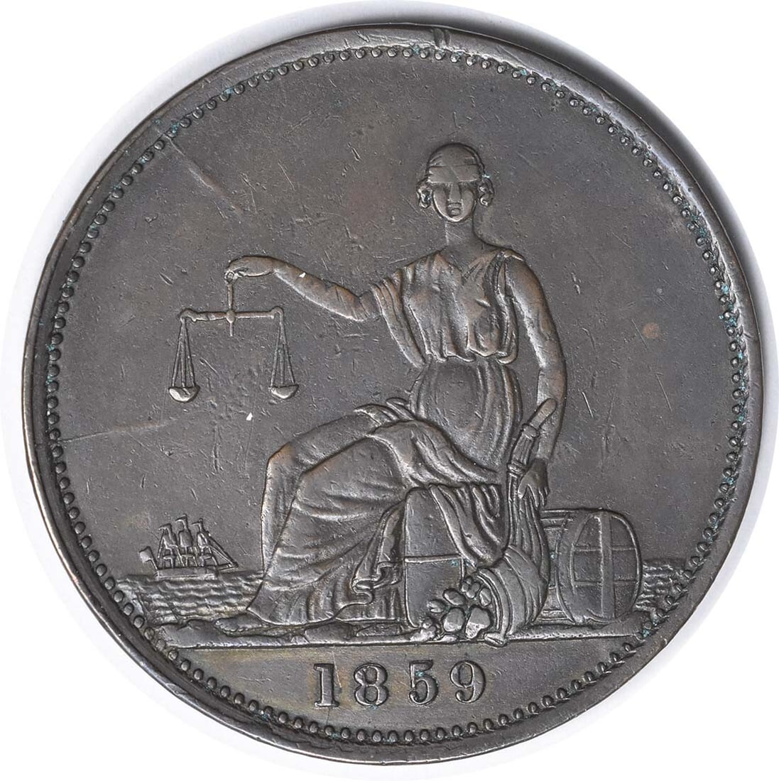 1859 Australia 1 Penny Token KM285.2 Copper XF Uncertified: 1859 Australia 1 Penny Token KM285.2 Copper XF Uncertified This 1859 Australia 1 Penny Token (KM285.2) is a remarkable piece of numismatic history, featuring a composition of copper. It is classified