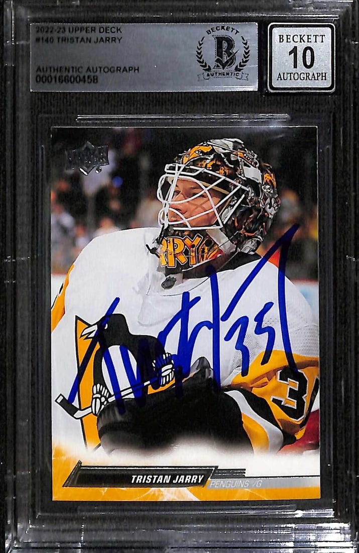 2022-23 Upper Deck #140 Tristan Jarry Signed Hockey Card Beckett Auto 10: 2022-23 Upper Deck #140 Tristan Jarry Signed Hockey Card Beckett Auto 10 This is an original 2022-23 Upper Deck #140 sports trading card, autographed in blue permanent marker by Pittsburgh Penguins go
