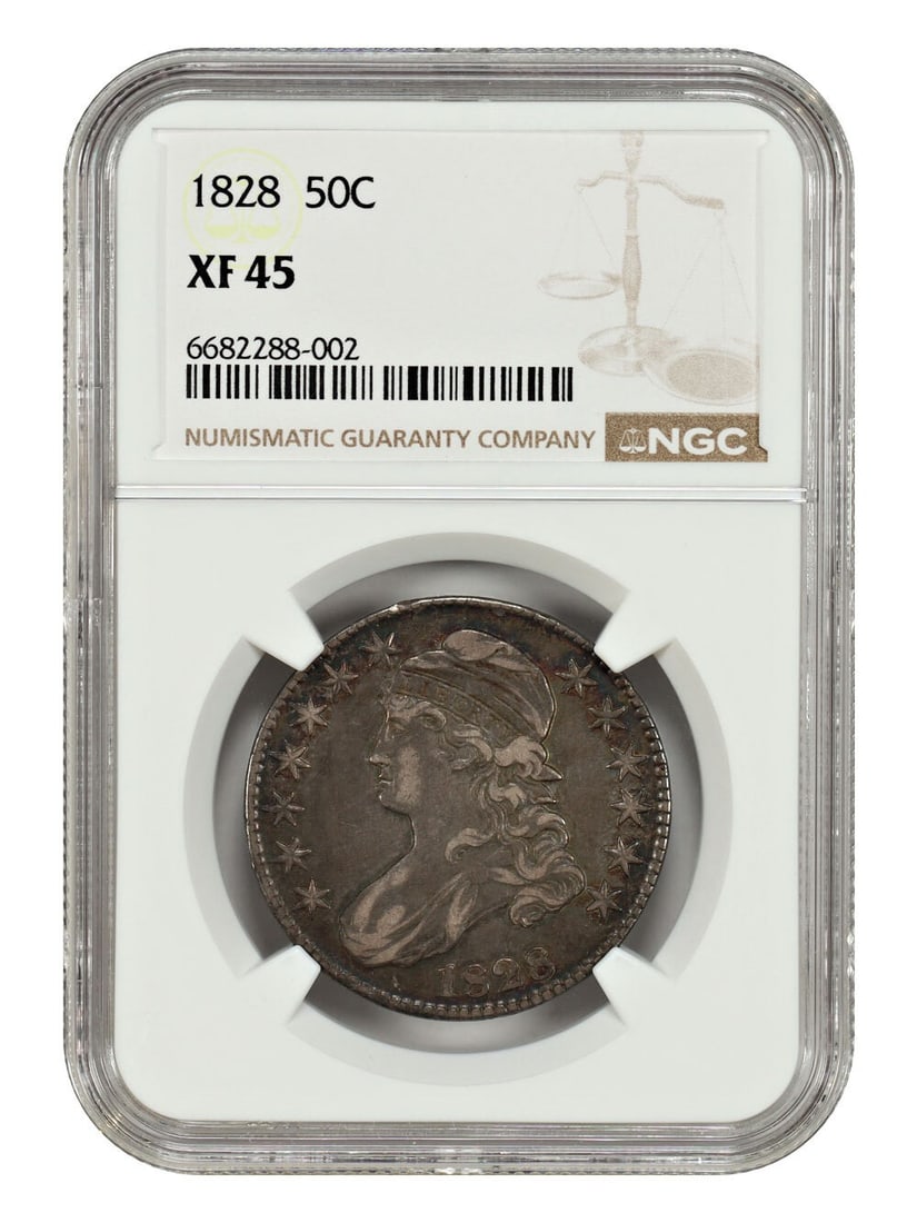 Capped Bust Half Dollar 1828 NGC XF45 Square 2 Small 8s Letters: Capped Bust Half Dollar 1828 NGC XF45 Square 2 Small 8s Letters This 1828 Capped Bust Half Dollar features the Square 2, Small 8s, and Small Letters variety. Graded XF45 by NGC, this coin is circulate