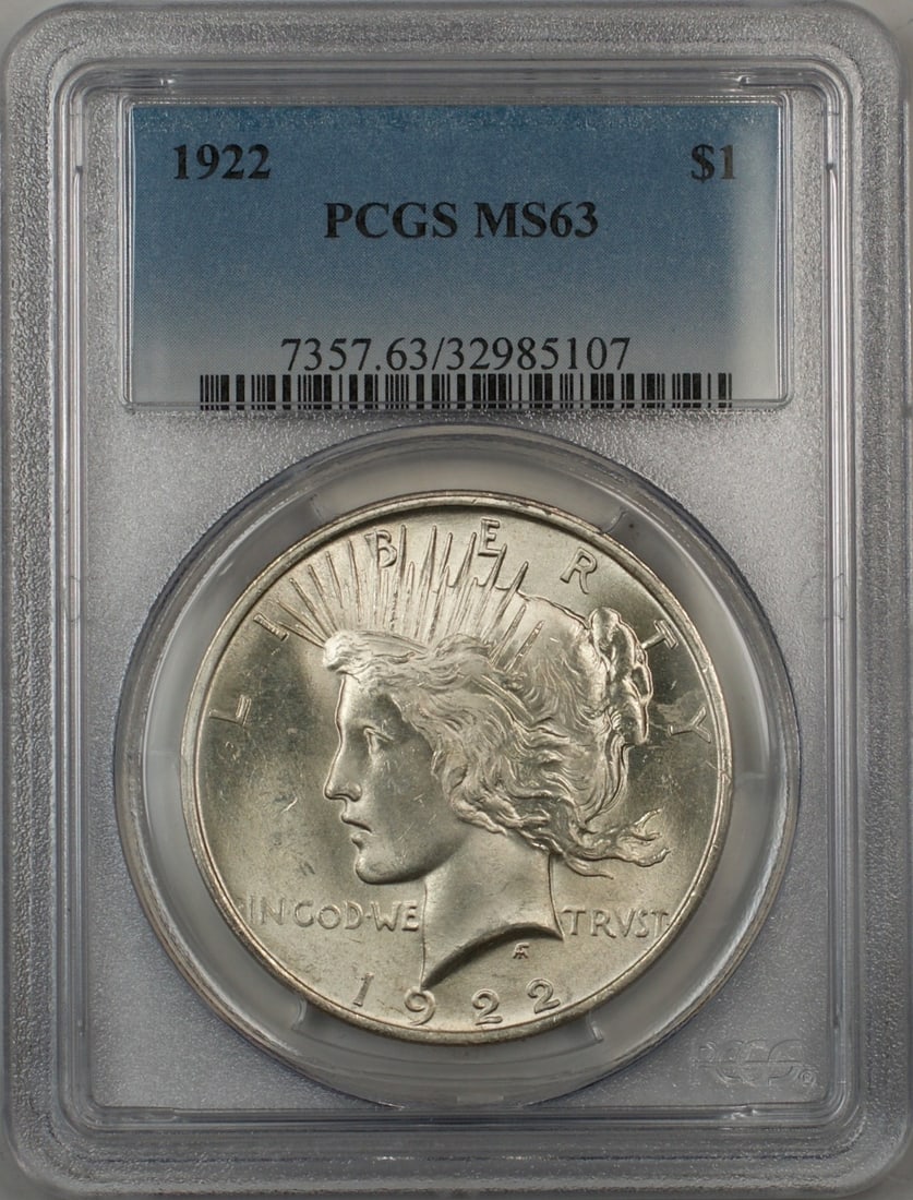 1922 Silver Peace Dollar MS 63 Philadelphia ANACS Certified Coin: 1922 Silver Peace Dollar MS 63 Philadelphia ANACS Certified Coin This is a 1922 Silver Peace Dollar $1 coin, graded MS-63 by PCGS. Minted in Philadelphia, the coin is composed of silver and features a
