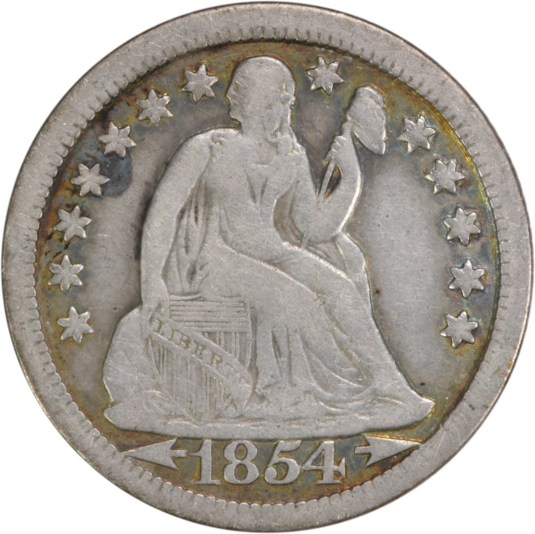 1854-O Liberty Seated Silver Dime 10C Christian Gobrecht Design: 1854-O Liberty Seated Silver Dime 10C Christian Gobrecht Design This 1854-O Liberty Seated Silver Dime features the iconic design by Christian Gobrecht. It is a circulated coin from the New Orleans mi