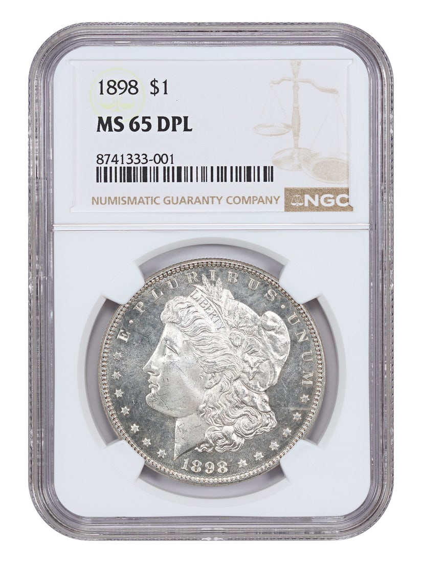 1898 Morgan Dollar NGC MS65DMPL Philadelphia Mint Silver Coin: 1898 Morgan Dollar NGC MS65DMPL Philadelphia Mint Silver Coin This 1898 Morgan Dollar has been certified by NGC with a grade of MS65DMPL, indicating a mirrored proof-like surface and high mint state q