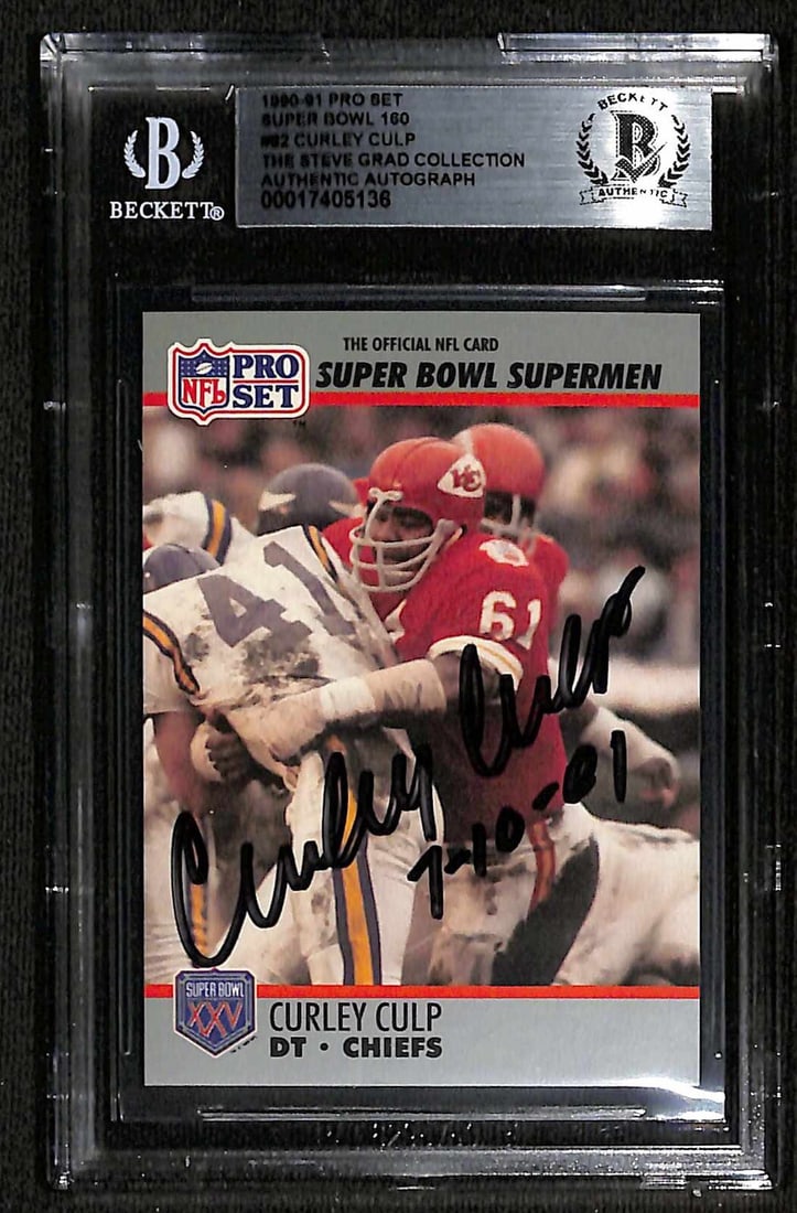 Curley Culp Autographed 1990-91 Super Bowl 160 Card Beckett Authenticated: Curley Culp Autographed 1990-91 Super Bowl 160 Card Beckett Authenticated This is an original 1990-91 Pro Set Super Bowl 160 #82 sports trading card, autographed in black permanent marker by Kansas Ci