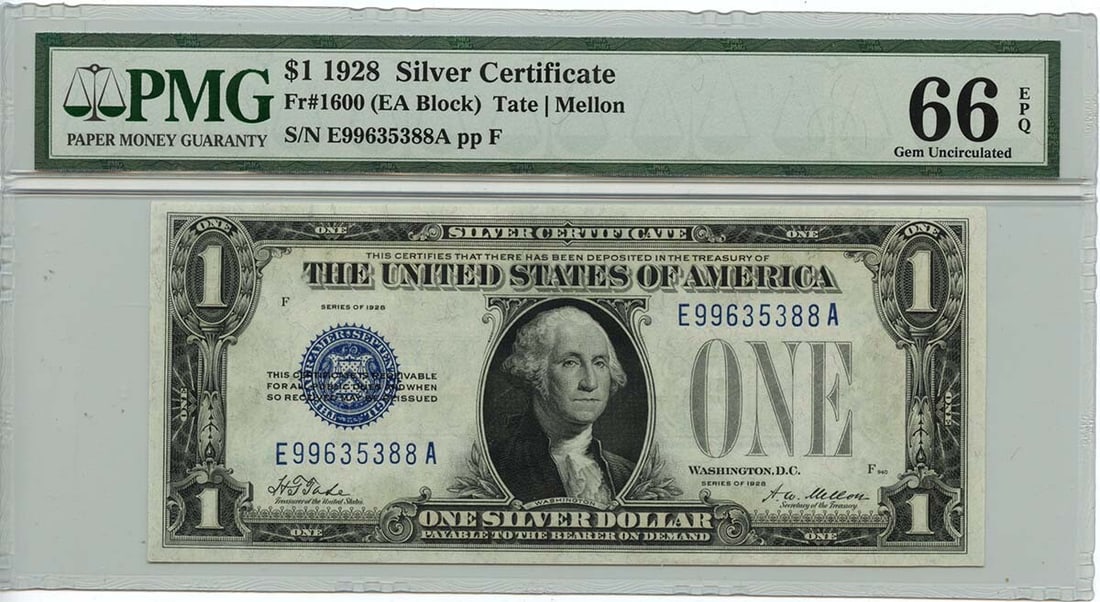 1928 $1 Silver Certificate Fr# 1600 PMG GEM 66 EPQ: 1928 $1 Silver Certificate Fr# 1600 PMG GEM 66 EPQ This 1928 $1 Silver Certificate is a remarkable collectible featuring the Blue Tate Mellon design. Graded by PMG as GEM 66 EPQ, this uncirculated not