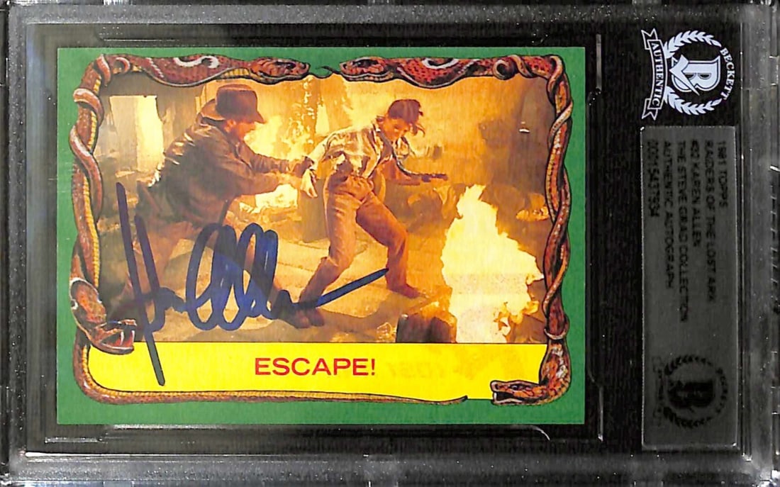 Autographed 1981 Indiana Jones Card #32 Karen Allen as Marion Beckett Authenticated: Autographed 1981 Indiana Jones Card #32 Karen Allen as Marion Beckett Authenticated This is a 1981 Topps Indiana Jones #32 "Escape!" non-sports trading card featuring Karen Allen as Marion Ravenswood